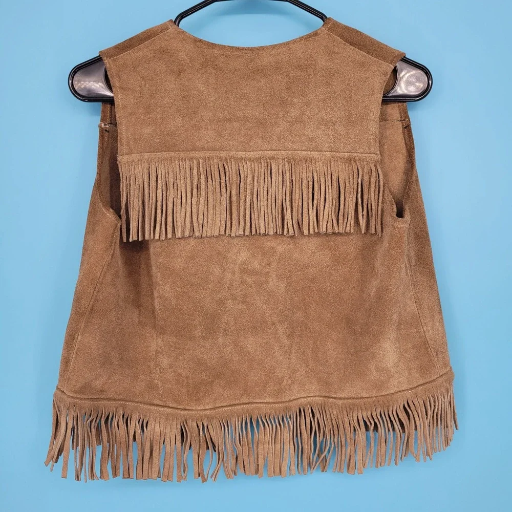 Vintage Western Suede Leather Fringe Vest Youth Beaded Native Style Patch Brown